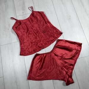 Vintage Victorias Secret Gold Label 100% Silk Red Cami 2 Piece PJ Set Size Med